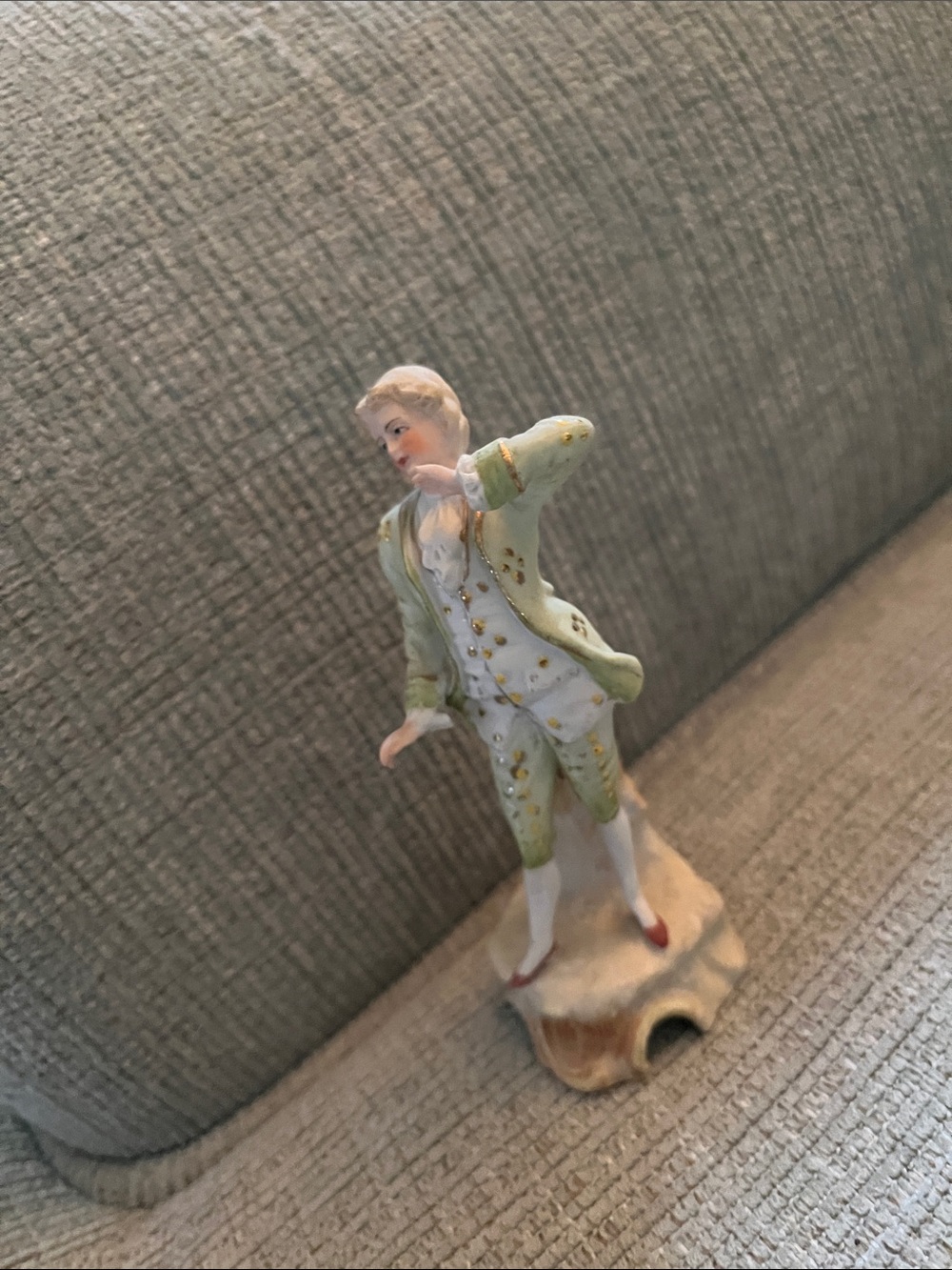 Porcelain Figurine Gentleman in Pale Green and White with Gold Accents